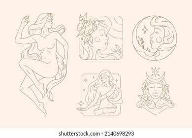Line art magical esoteric female naked body and portrait decorated by mystic half moon and blossom flower icon set vector illustration. Elegant female goddess relax meditation beauty wellness logo