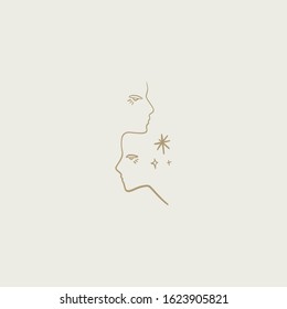 Line art magical faces. Good for fashion theme, nature care, beauty industry, wedding postcards. Vector illustration. Clipart image.
