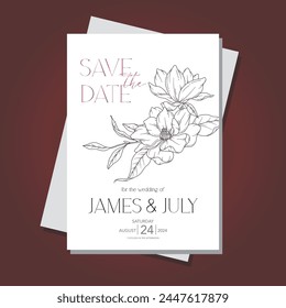 Line Art magnolia Flower Wedding Invitation template, Outline magnolia Minimalist Wedding Stationery 