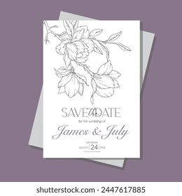 Line Art magnolia Flower Wedding Invitation template, Outline magnolia Minimalist Wedding Stationery 