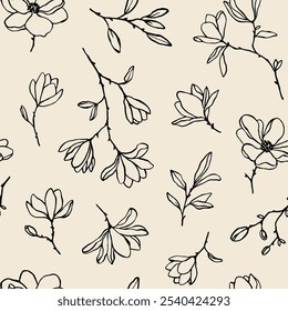 Line art magnolia flowers and buds. Hand drawn vector seamless pattern with elegant linear magnolias for prints, wallpaper, textile. Charming botanical background. Flat vector illustration