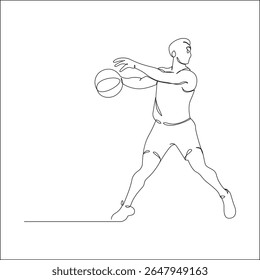 Line art of a male basketball player preparing to pass or shoot, depicted in a dynamic and powerful stance with a minimalist, continuous line style.