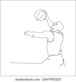 Line art of a male basketball player in mid-air, reaching up to shoot or dunk the ball with one hand in a minimalist and powerful pose.