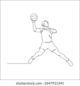 Line art of a male basketball player jumping wide with one arm raised, preparing to shoot or pass the ball in an athletic and dynamic stance.