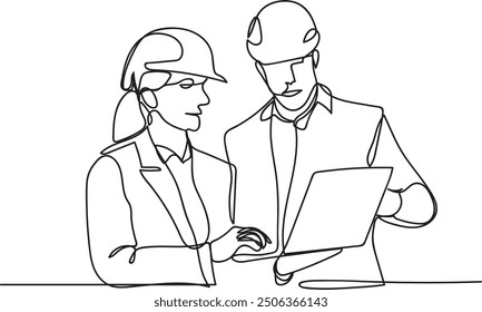 Line Art of a Male Engineer and a Female Technician Talking and Using a Laptop. Specialists Monitoring and Analyzing Field Conditions