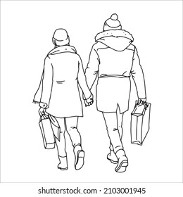 line art of male and female couple wearing jackets walking hand in hand