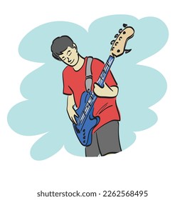 line art male musician playing electric bass guitar illustration vector hand drawn isolated on white background