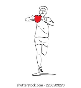 line art male runner holding red heart illustration vector hand drawn isolated on white background 