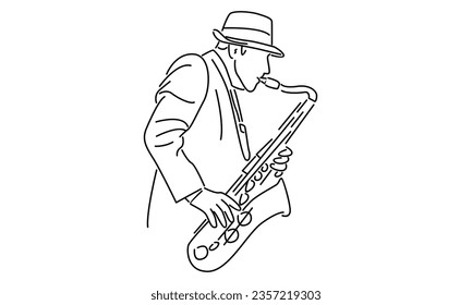 Streichkunst des männlichen Saxophonisten mit Hut zum Abspielen von Saxophon-Vektorgrafik