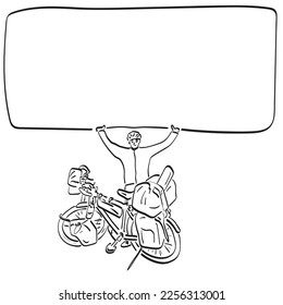 line art male traveler with his bicycle holding blank space illustration vector hand drawn isolated on white background