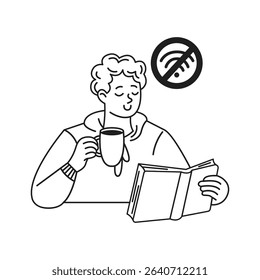 Line art of a man enjoying a book and coffee, embracing offline time. Calm expression with a no internet icon. Perfect for themes of relaxation and digital detox.