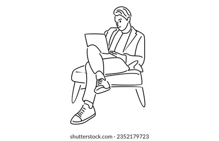 line art of man at his desk is working on the laptop computer