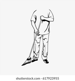 line art a man holding a broom