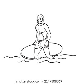 line art man holding surfboard on the beach illustration vector hand drawn isolated on white background