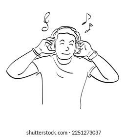 line art man listening to music through his headphone illustration vector hand drawn isolated on white background