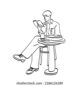 line art man reading book and eating food on table illustration vector hand drawn isolated on white background