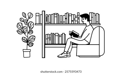 Line art man reading books. Read hobby free spare time spending. Education business books market app. Black on white drawing simple minimalistic vector illustration.