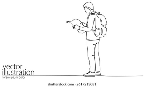 Line art man reading map. Person wears backpack, stands looking down. Travel blogs, tourism, exploration concepts. Minimalist style contour drawing white background vector illustration.