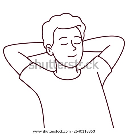 Line art of man resting with closed eyes and hands behind head. Symbol of calm, mental pause, and peaceful outdoor balance