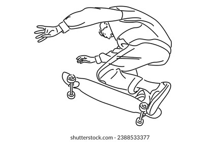 line art of man riding skate and performing jump trick