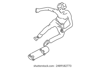 line art of man riding skate and performing jump trick