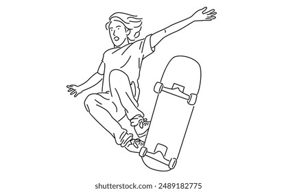 line art of man riding skate and performing jump trick