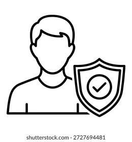 Line art of a man with a shield featuring a checkmark isolated on transparent background