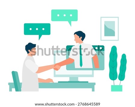 Line art of man in short sleeves using laptop for video call and online business meeting during summer energy-saving remote work
