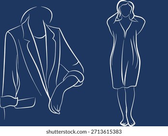 Line Art Hombre en traje Chaqueta Mujer en vestido Azul masculino