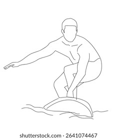 line art of man surfing. Continuous line drawing of surfer surfing on wave.