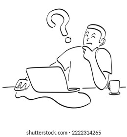 hombre de arte de línea pensando en su escritorio de trabajo con su computadora portátil ilustración vectorial dibujada a mano aislado en fondo blanco