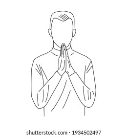 Line art of man in turtleneck shirt paying respect.  A man pressing the hands together at the chest in sign of respect outline stroke vector