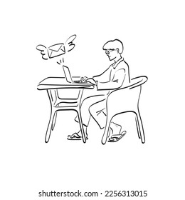 line art man using laptop computer to send email at home illustration vector hand drawn isolated on white background 