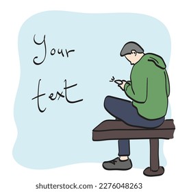 line art man using smartphone on bench with copy space illustration vector hand drawn isolated on white background