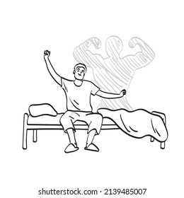 line art man waking up from sleep and stretching seated on his bed with shadow of muscle man behind illustration vector hand drawn isolated on white background