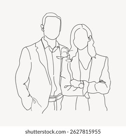 Line art of a man and woman in business attire. The man and woman stand side by side. The man and woman are depicted in a minimalist style. Person, character illustration vector.