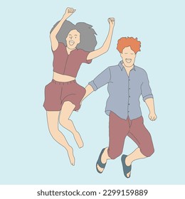 line art man woman jumping happy happy hand drawn vector illustration