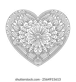 A line art mandala heart design illustration of a coloring page 