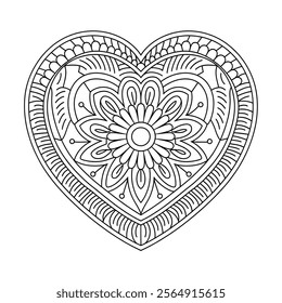 A line art mandala heart design illustration of a coloring page 