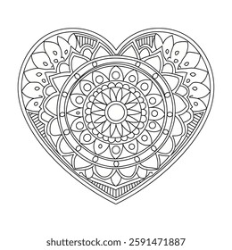 A line art mandala heart design illustration of a coloring page 