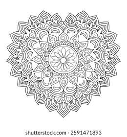 A line art mandala heart design illustration of a coloring page 