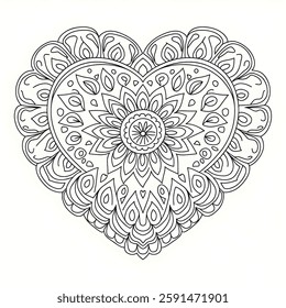 A line art mandala heart design illustration of a coloring page 