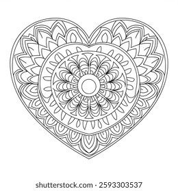 A line art mandala heart design illustration of a coloring page 
