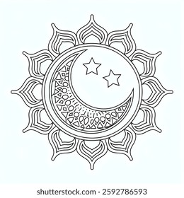 A line art mandala Ramadan Mubarak illustration of a coloring page 