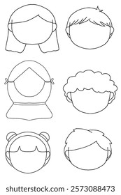 Line art of many children’s face and hairstyle. Black and white for coloring page. 