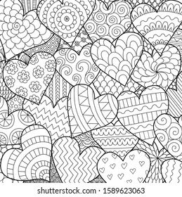 Line art of many hearts for background, Valentines cards,posters and adult coloring book page. Vector illustration