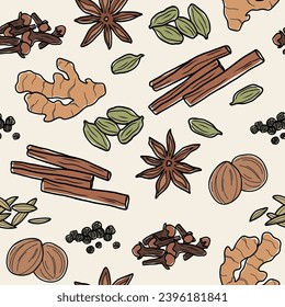 Line art masala tea spices seamless pattern