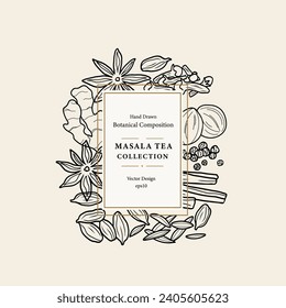 Line art masala tea spices frame