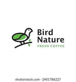 line art mascot character abstrac logo design, the bird's wings have motifs or images that resemble coffee beans, adding an element that relates to the café's main product, coffee.