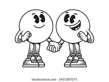 Line art mascot character of two ball head, in hand in hand pose